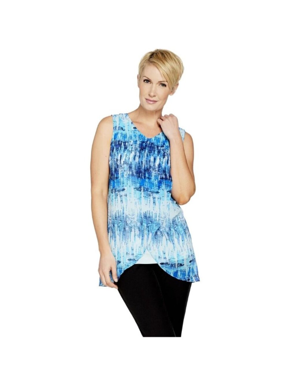 H by Halston Tunic Womens Size Large Blue Sleeveless Chiffon Overlay Summer Top
